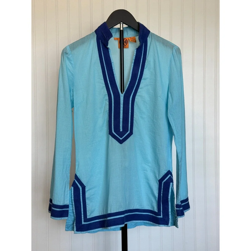Tory Burch 100% Cotton Blue Tunic Resort Beach Cover Up Contrast Trim Size 4